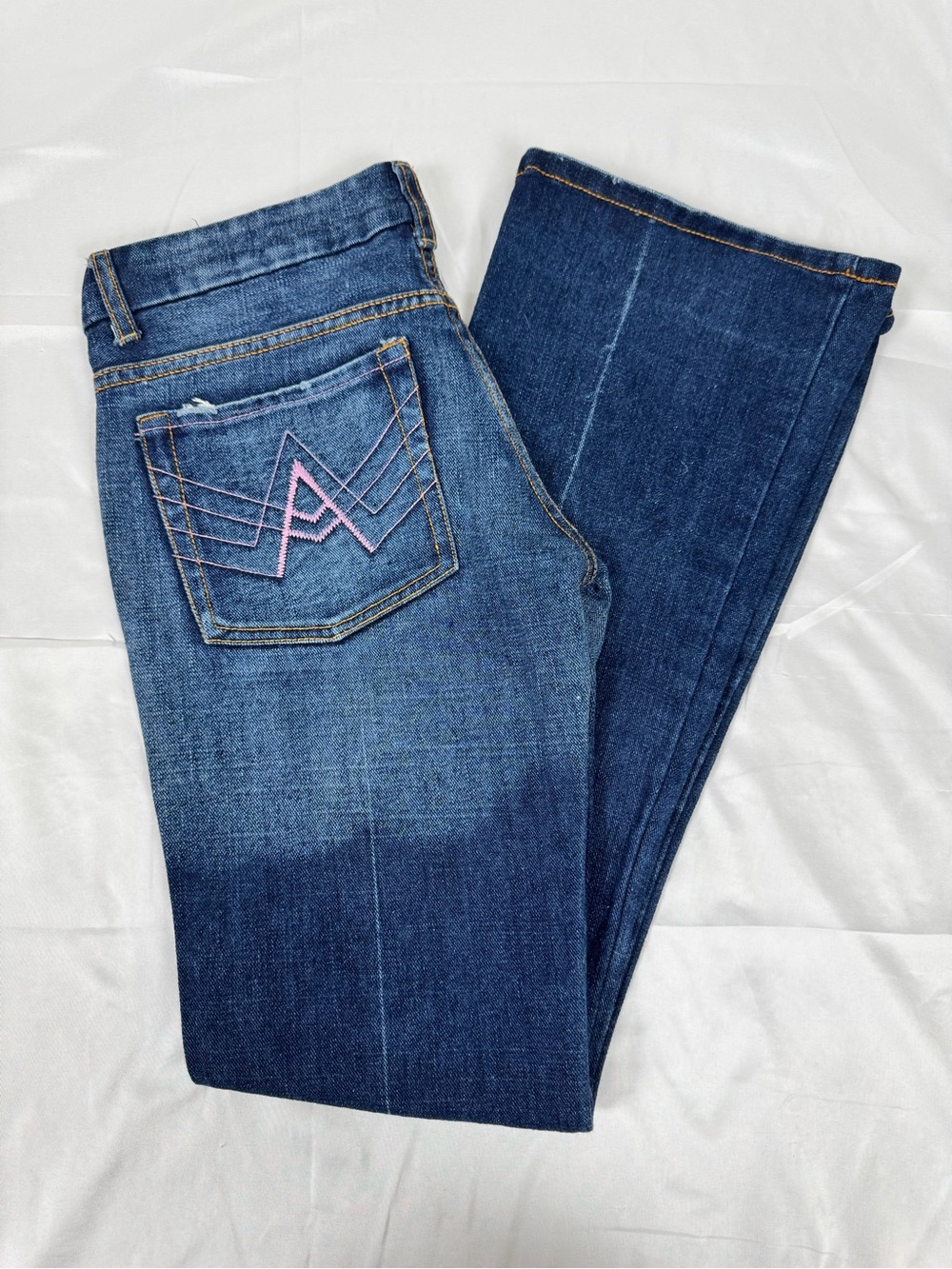 7 For All Mankind Low Rise Bootcut Jeans Y2K Dark Wash A Pocket Pink Stitching